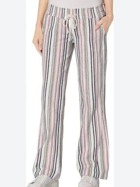 Roxy Oceanside Flared Beach Pants Striped Cotton Linen Blend Pants Casual Sz XS